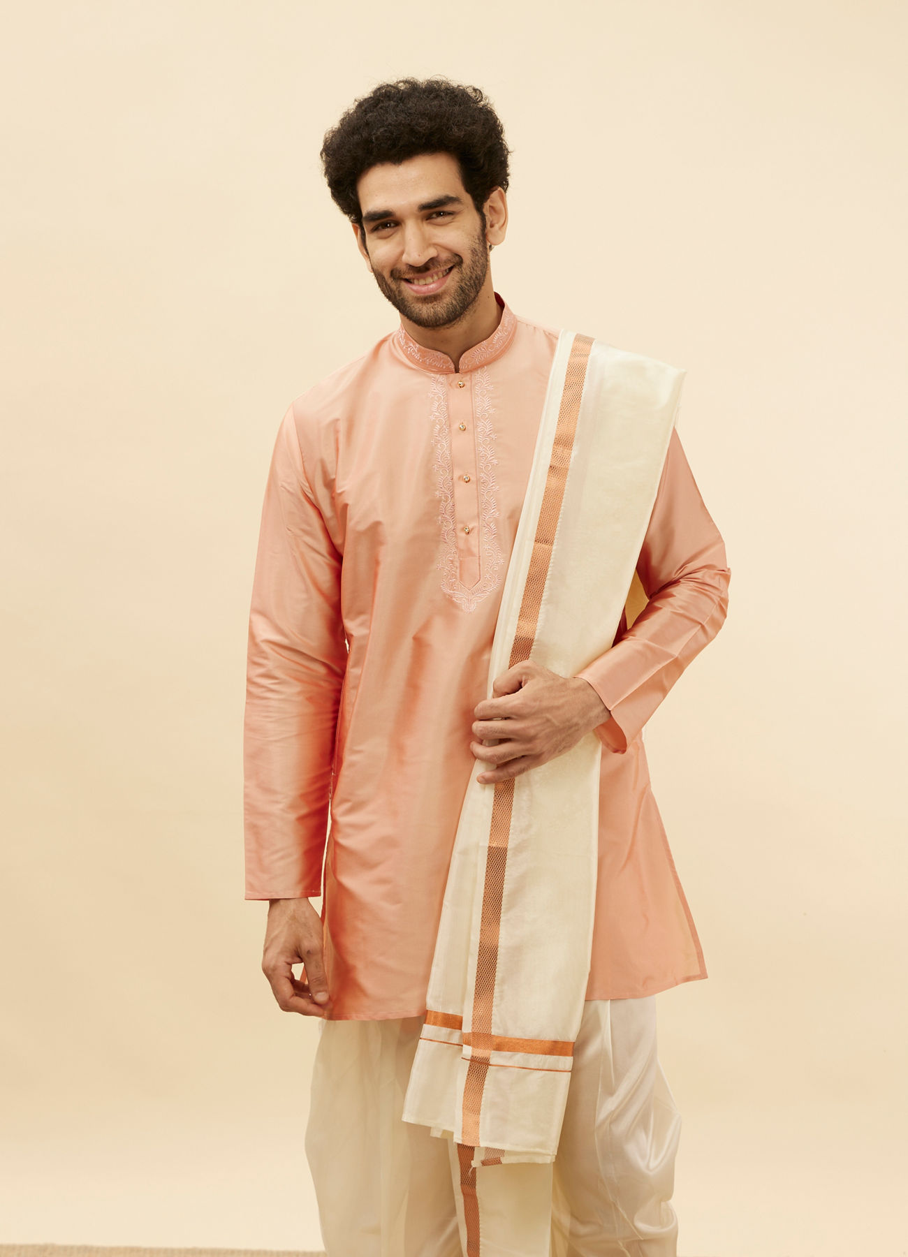 Manyavar Men Melon Peach and Cream Zari Detailed Traditional South Indian Pancha Set