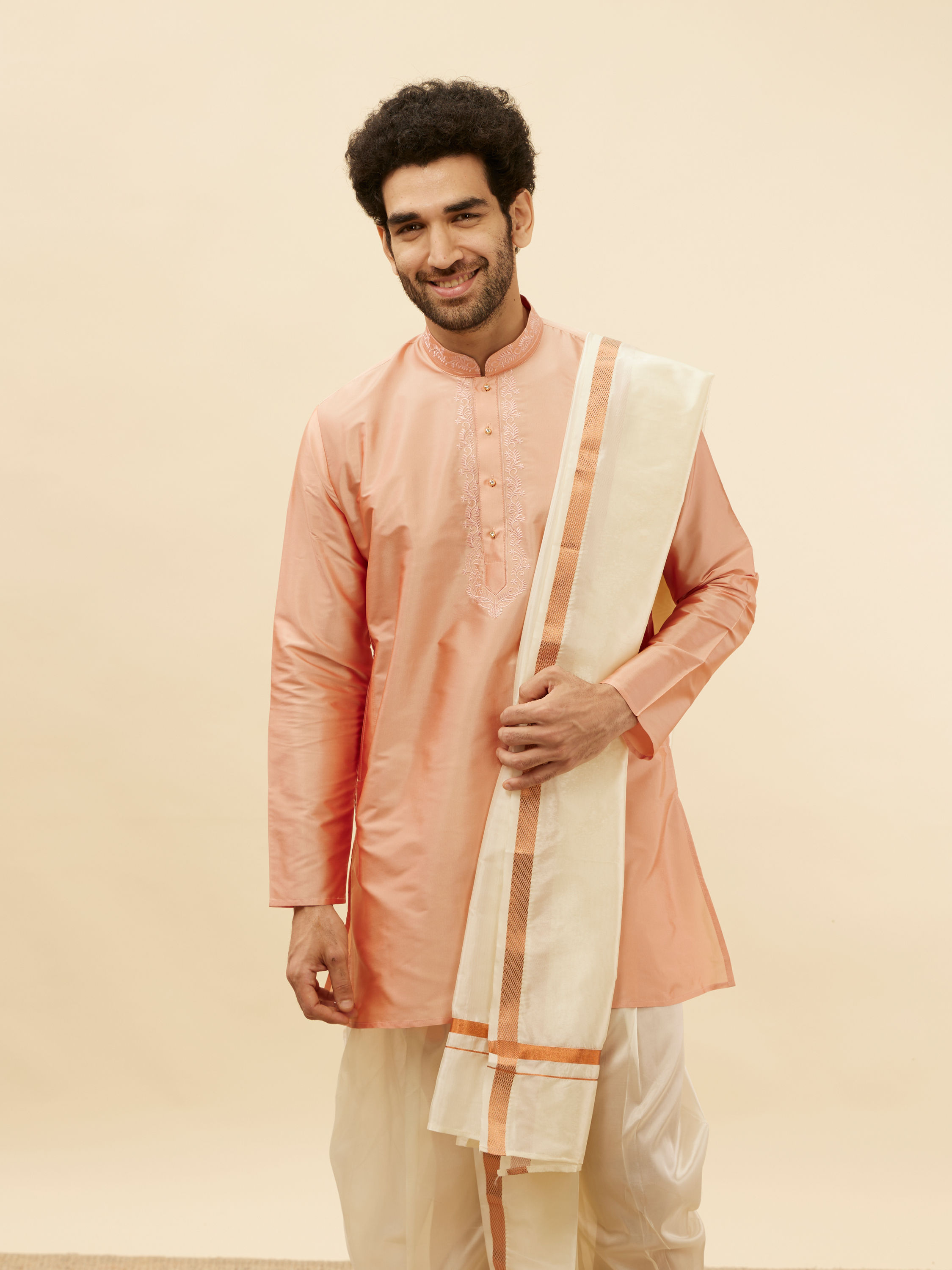 Manyavar Men Melon Peach and Cream Zari Detailed Traditional South Indian Pancha Set