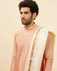 Manyavar Men Melon Peach and Cream Zari Detailed Traditional South Indian Pancha Set