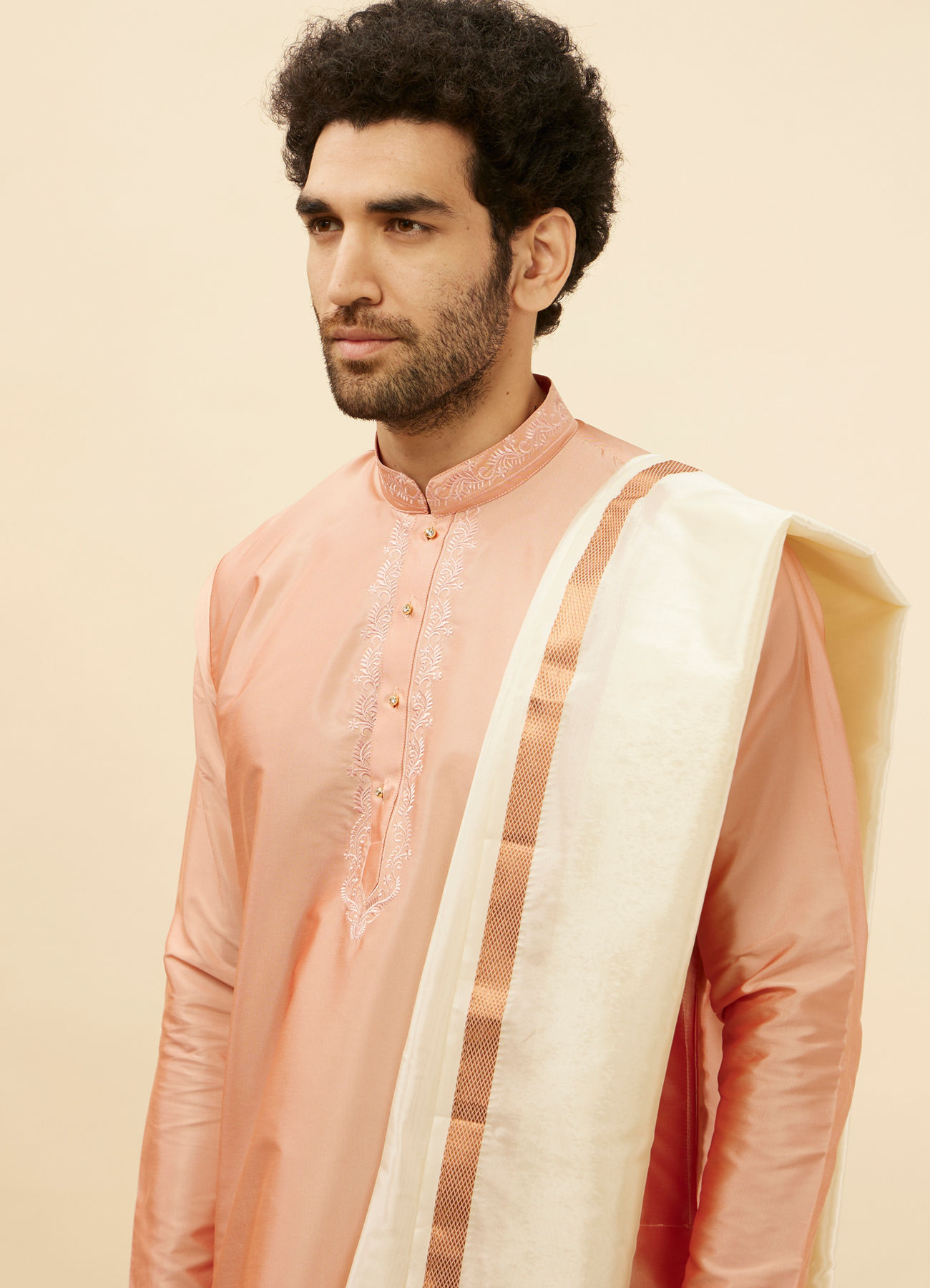 Manyavar Men Melon Peach and Cream Zari Detailed Traditional South Indian Pancha Set