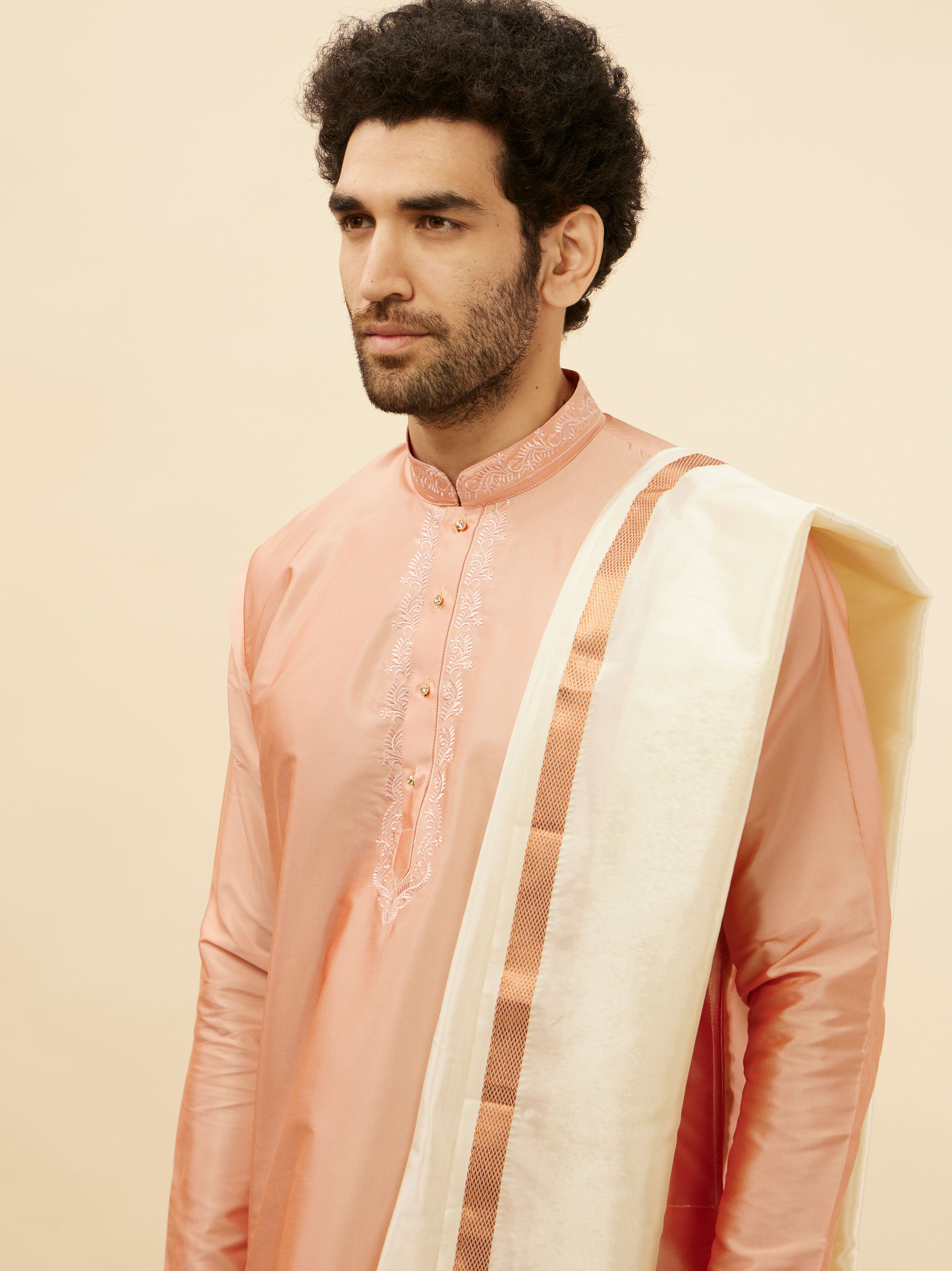 Manyavar Men Melon Peach and Cream Zari Detailed Traditional South Indian Pancha Set