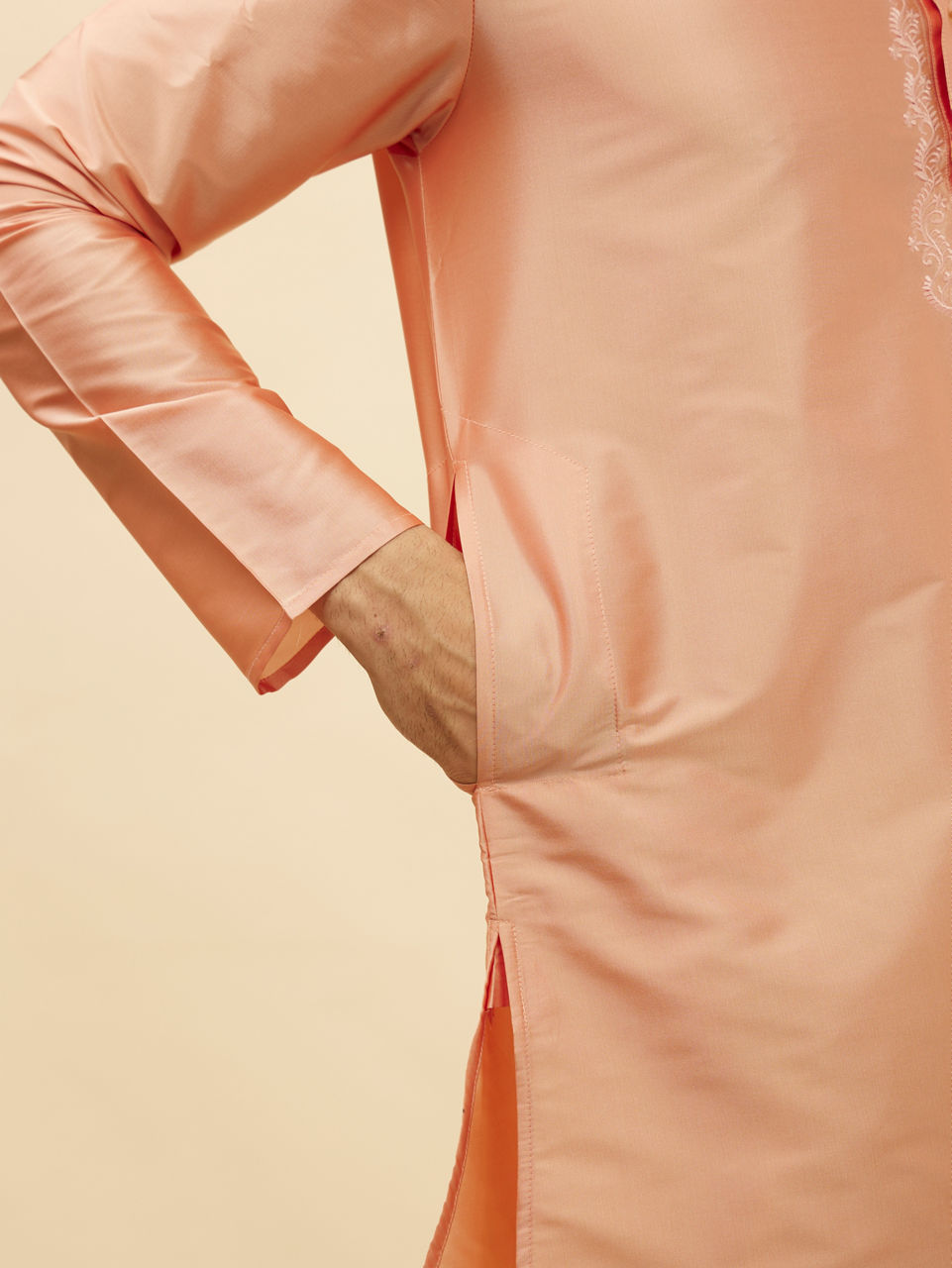 Manyavar Men Melon Peach and Cream Zari Detailed Traditional South Indian Pancha Set