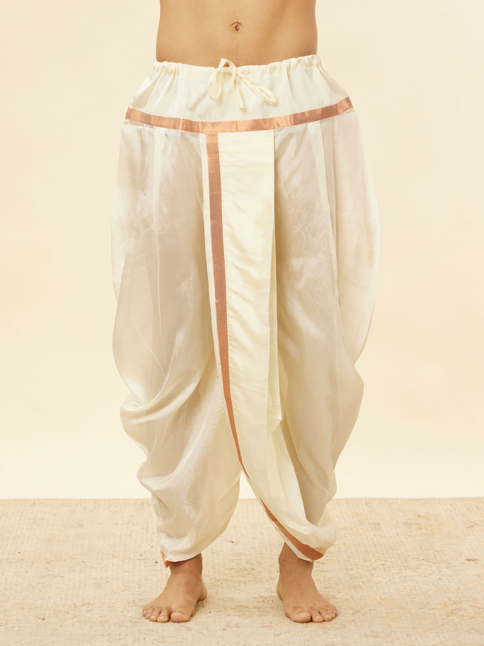 Manyavar Men Melon Peach and Cream Zari Detailed Traditional South Indian Pancha Set