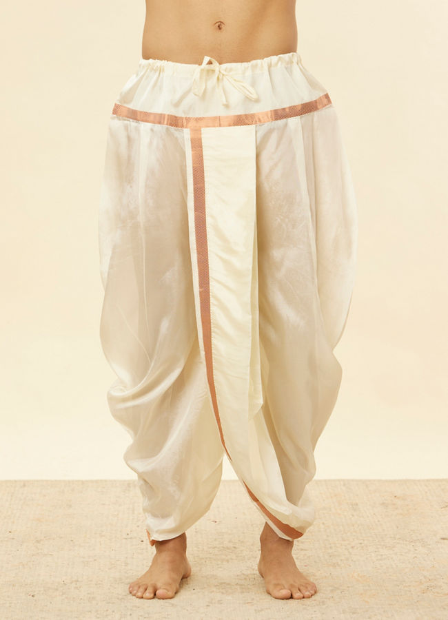 Manyavar Men Melon Peach and Cream Zari Detailed Traditional South Indian Pancha Set
