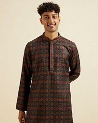 Manyavar Men Dark Blue Ikat Patterned Kurta Set