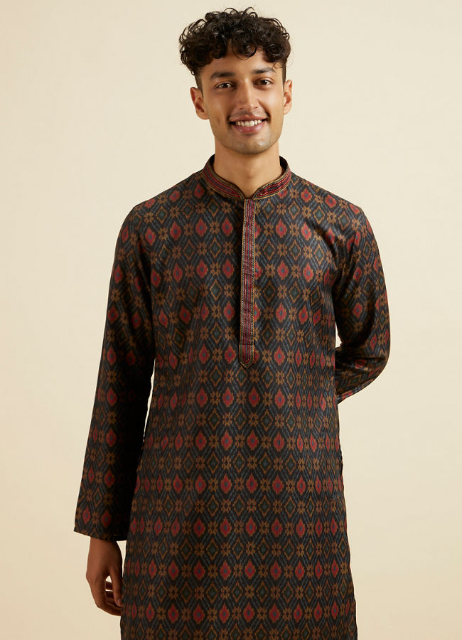 Manyavar Men Dark Blue Ikat Patterned Kurta Set