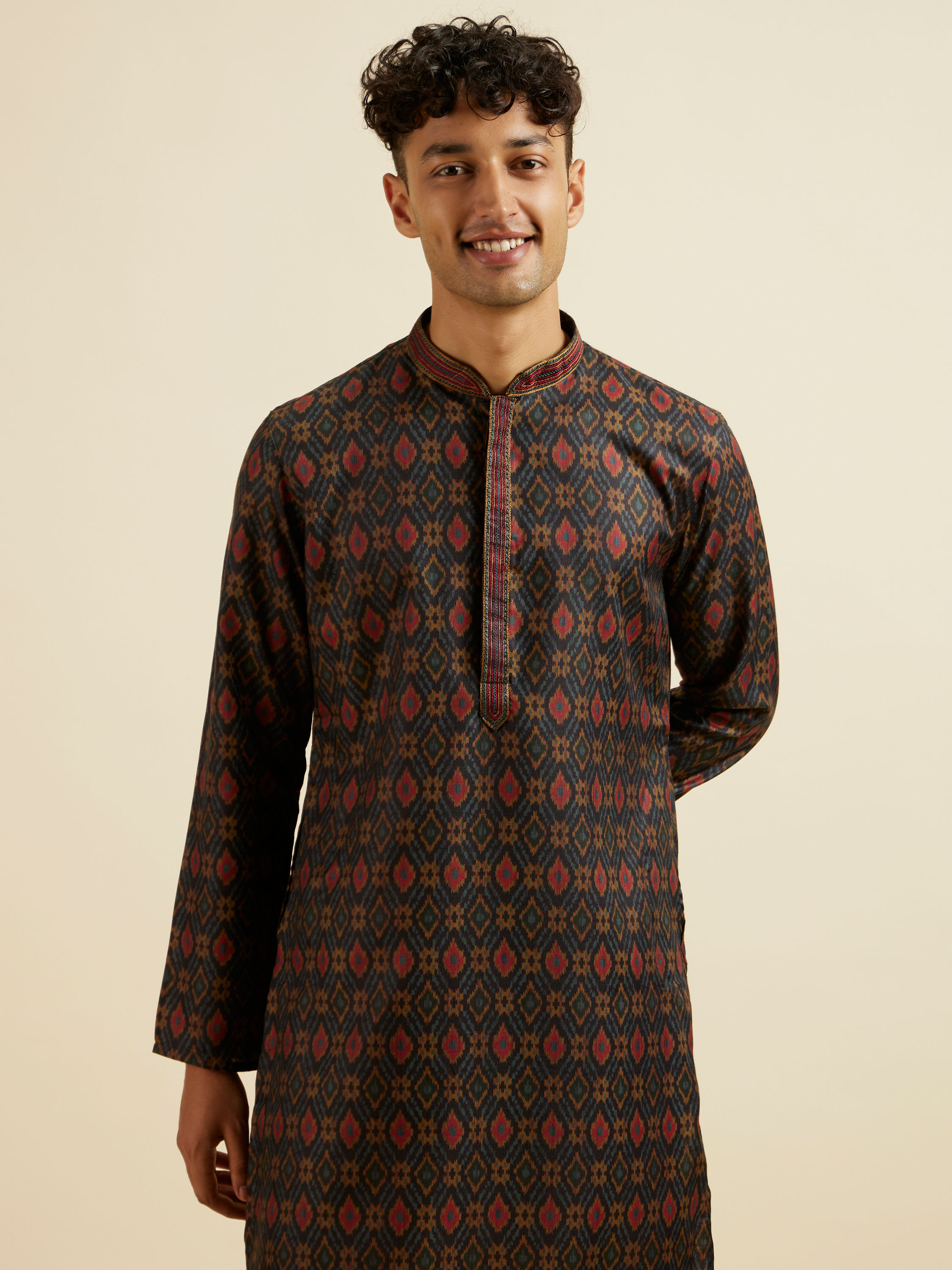 Manyavar Men Dark Blue Ikat Patterned Kurta Set
