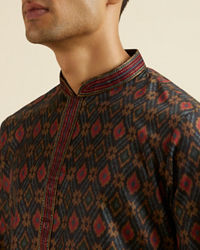 Manyavar Men Dark Blue Ikat Patterned Kurta Set