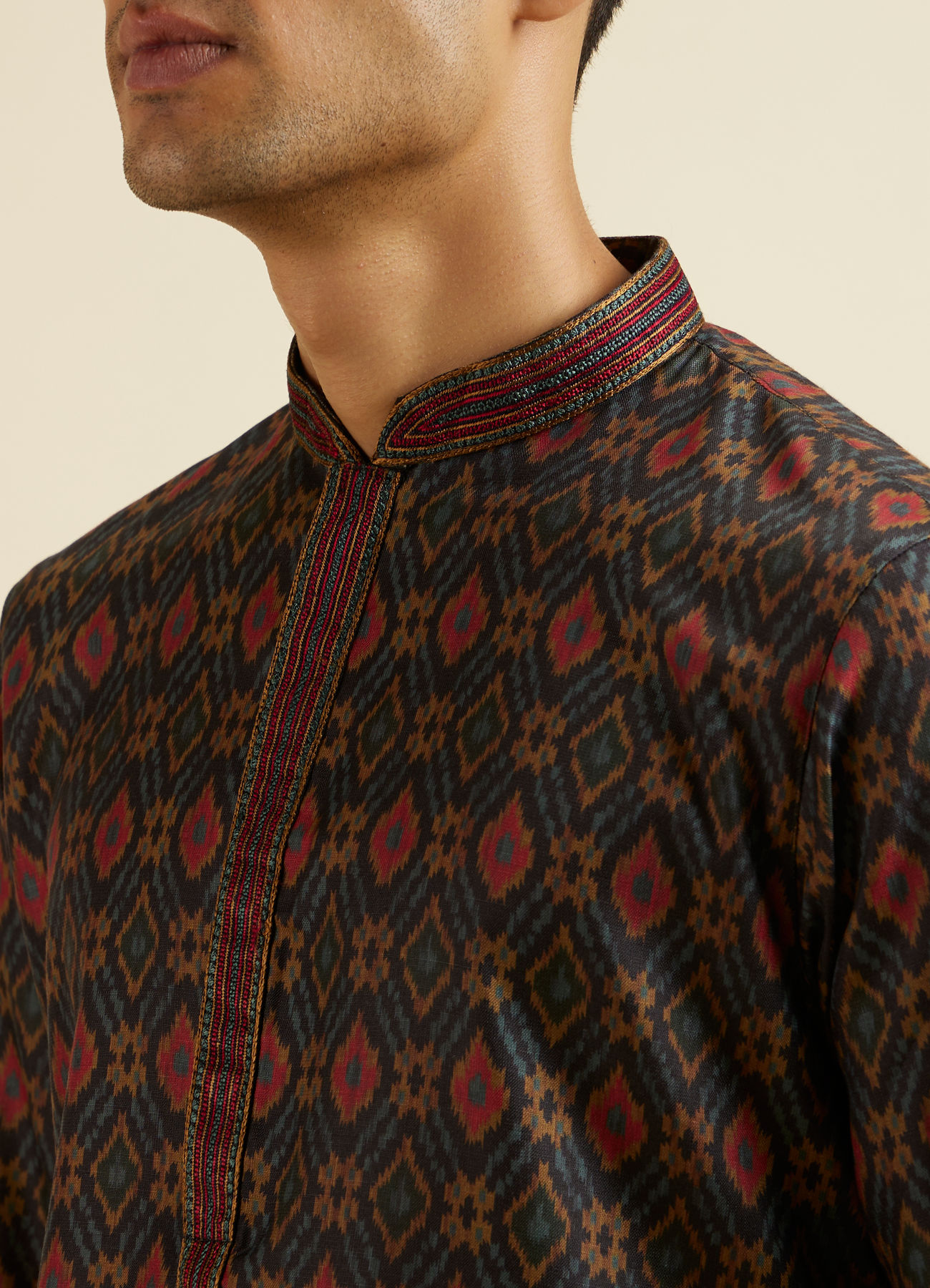 Manyavar Men Dark Blue Ikat Patterned Kurta Set