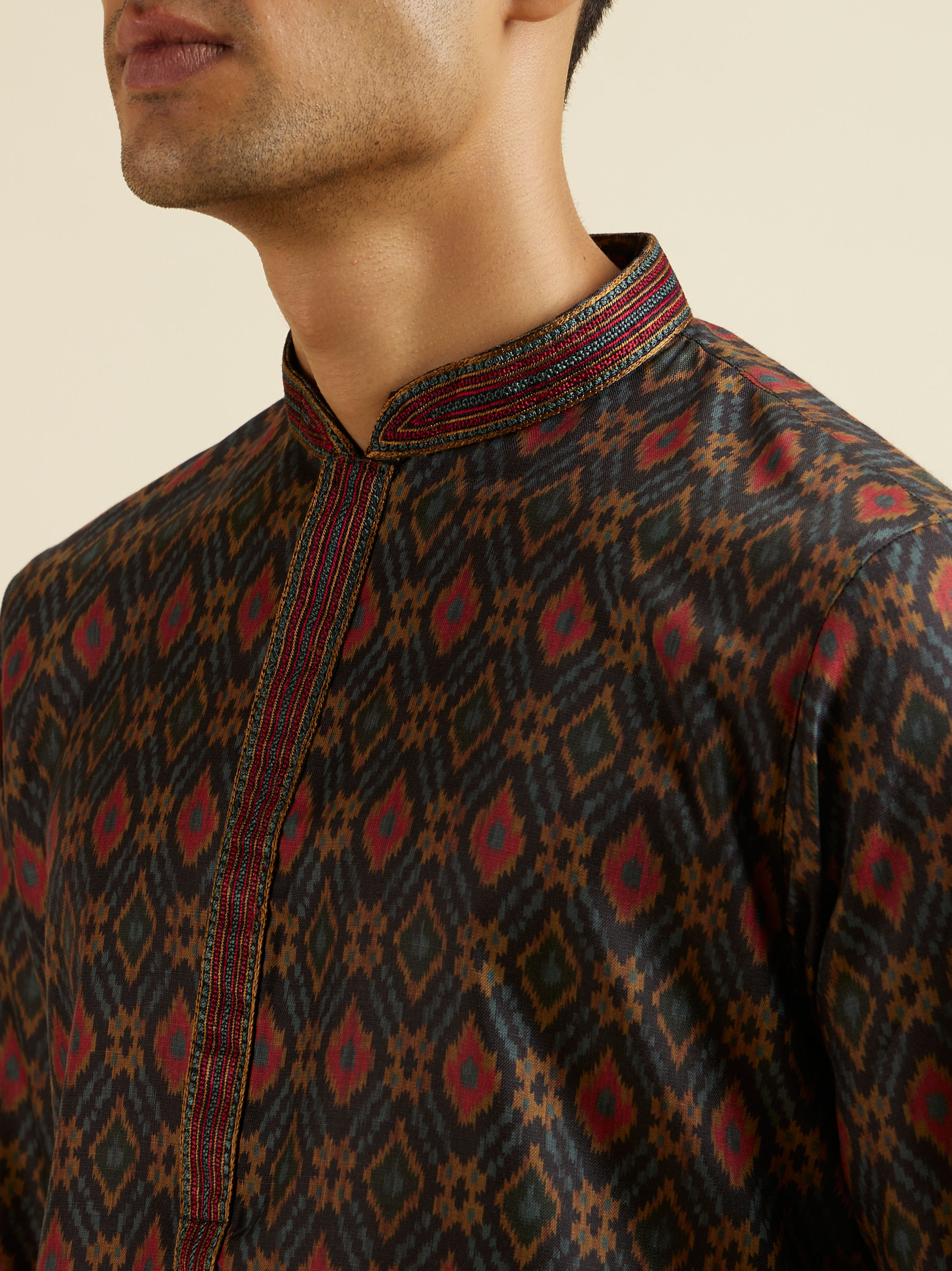 Manyavar Men Dark Blue Ikat Patterned Kurta Set