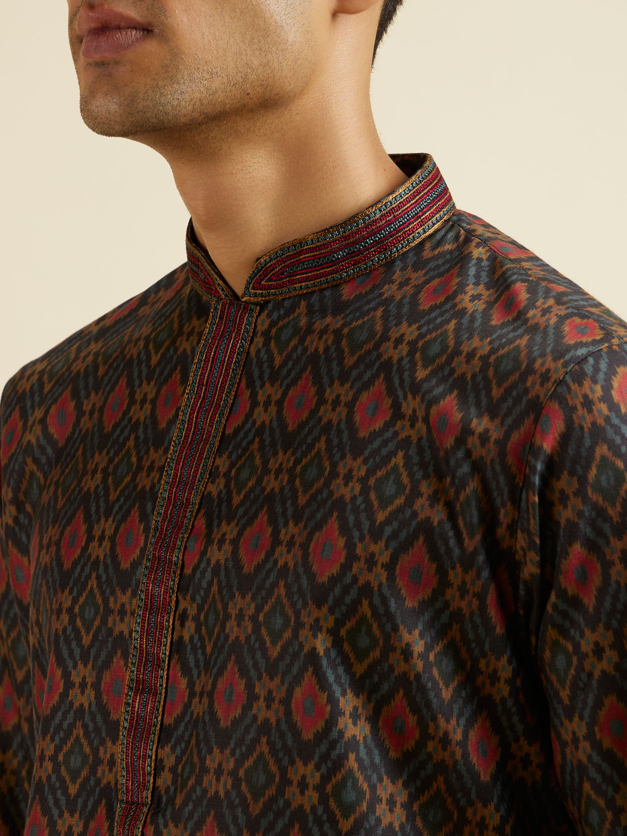Manyavar Men Dark Blue Ikat Patterned Kurta Set
