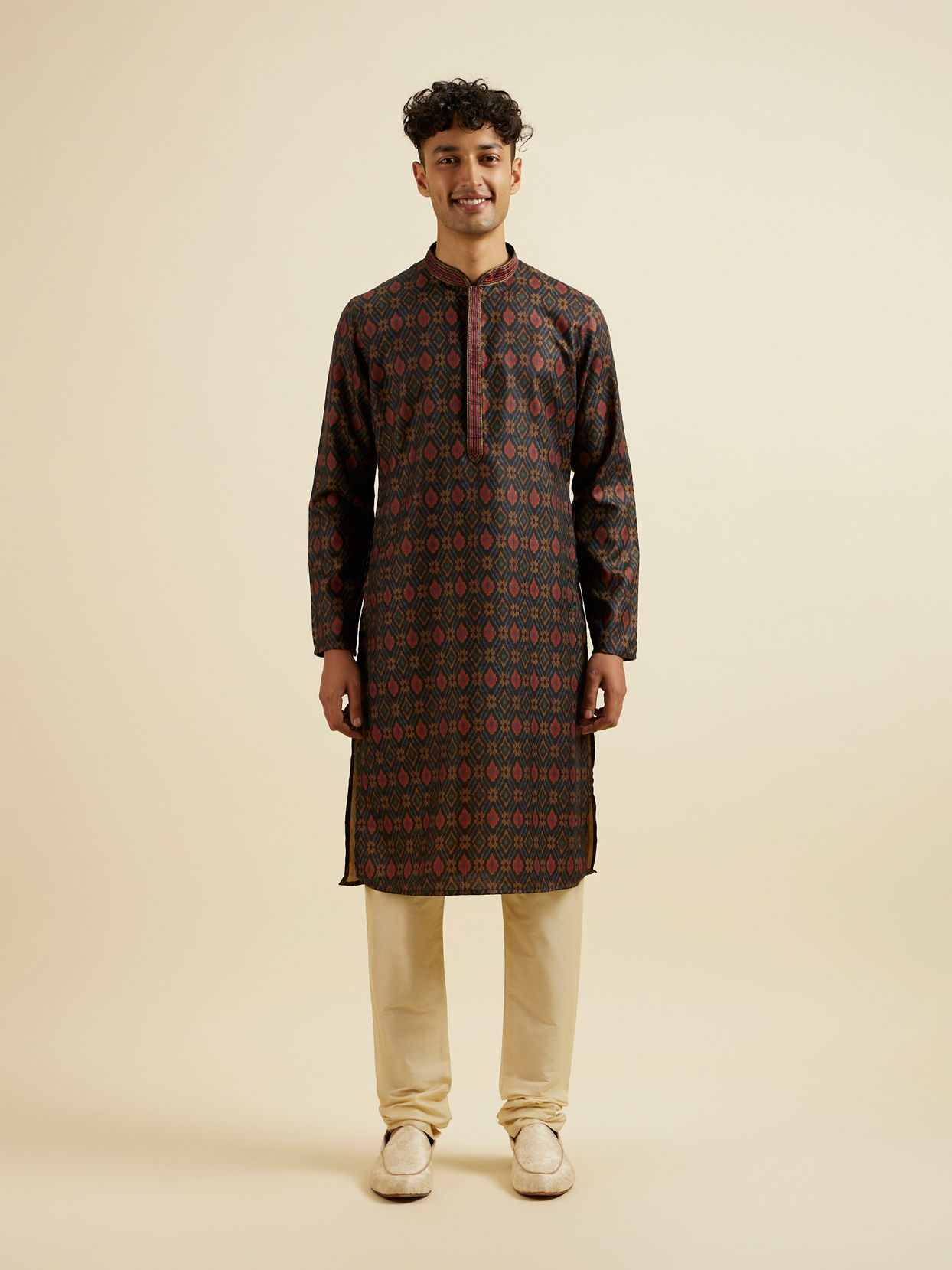 Manyavar Men Dark Blue Ikat Patterned Kurta Set