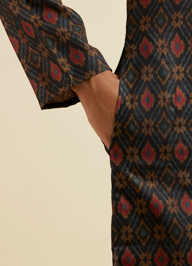 Manyavar Men Dark Blue Ikat Patterned Kurta Set