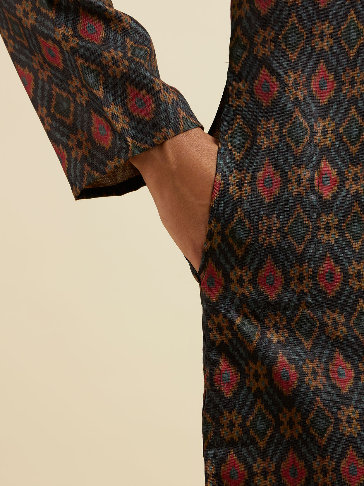 Manyavar Men Dark Blue Ikat Patterned Kurta Set