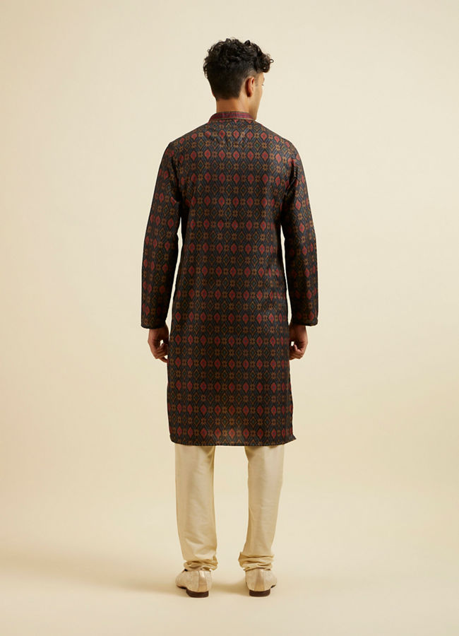 Manyavar Men Dark Blue Ikat Patterned Kurta Set