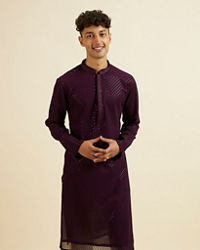 Manyavar Men Purple Self Patterned Mirror Work Kurta Set