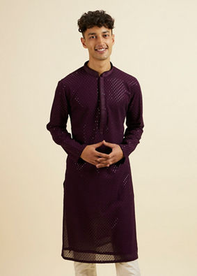 alt message - Manyavar Men Purple Self Patterned Mirror Work Kurta Set image number 0