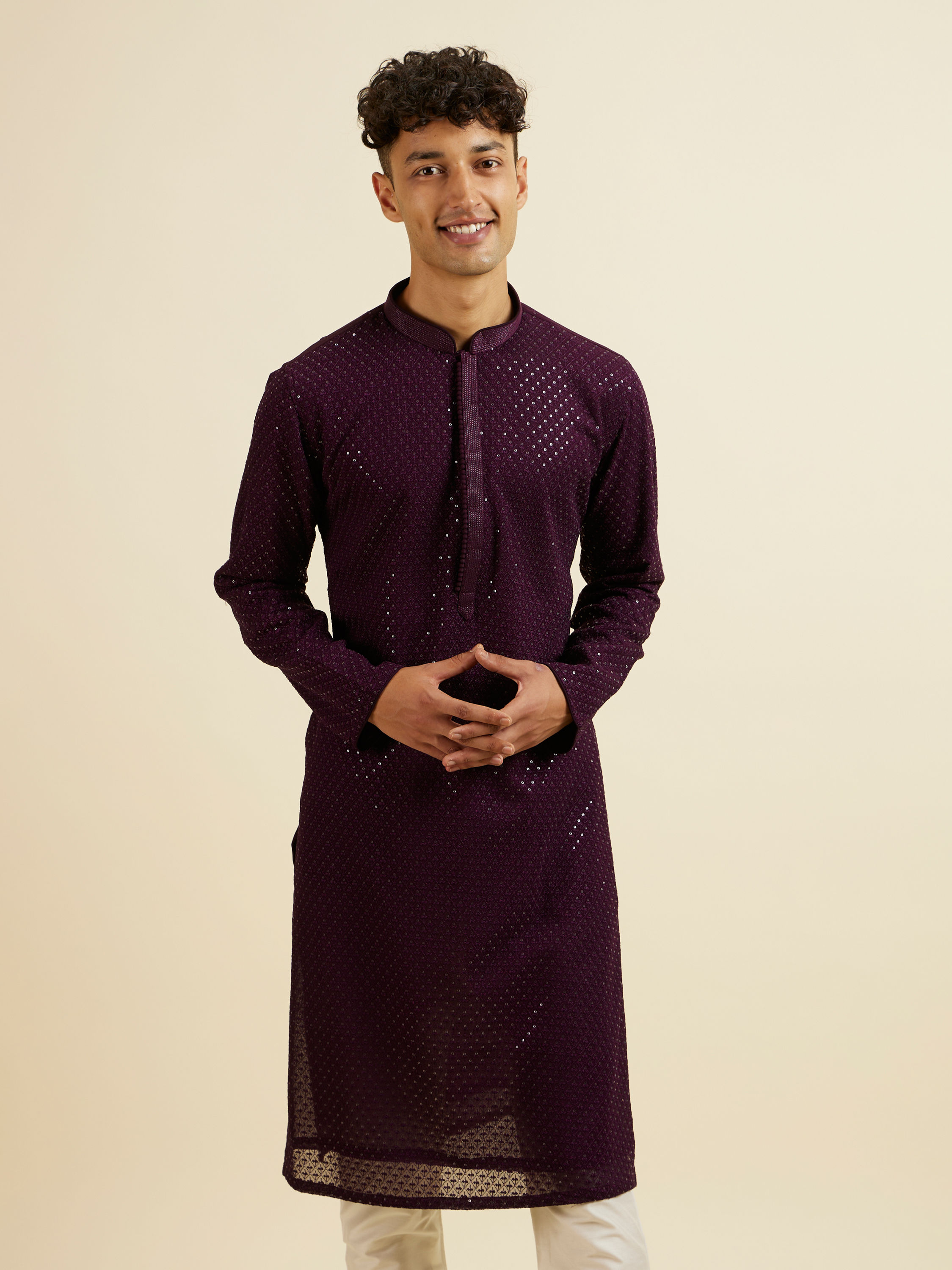 Manyavar Men Purple Self Patterned Mirror Work Kurta Set