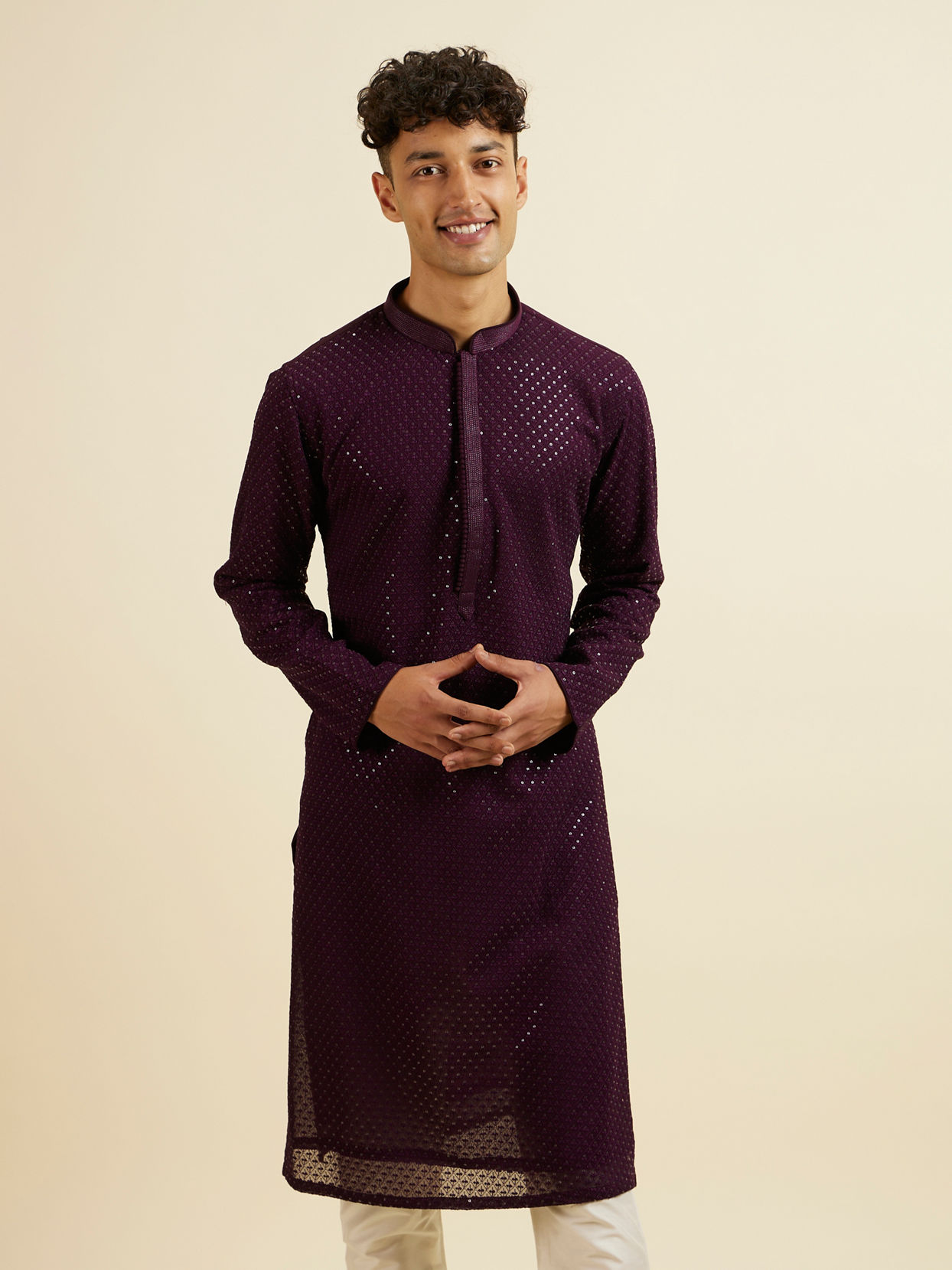 alt message - Manyavar Men Purple Self Patterned Mirror Work Kurta Set image number 0