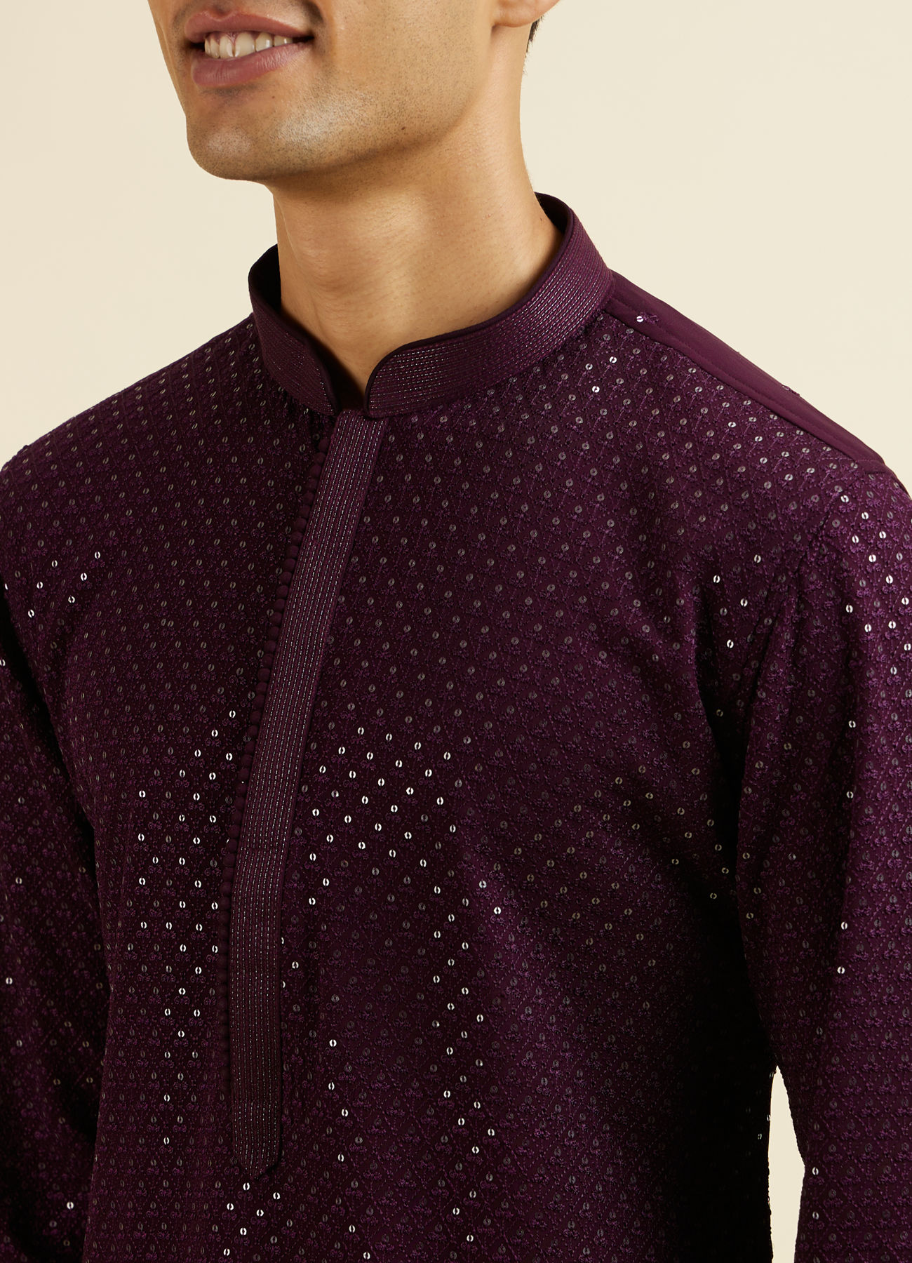 Manyavar Men Purple Self Patterned Mirror Work Kurta Set