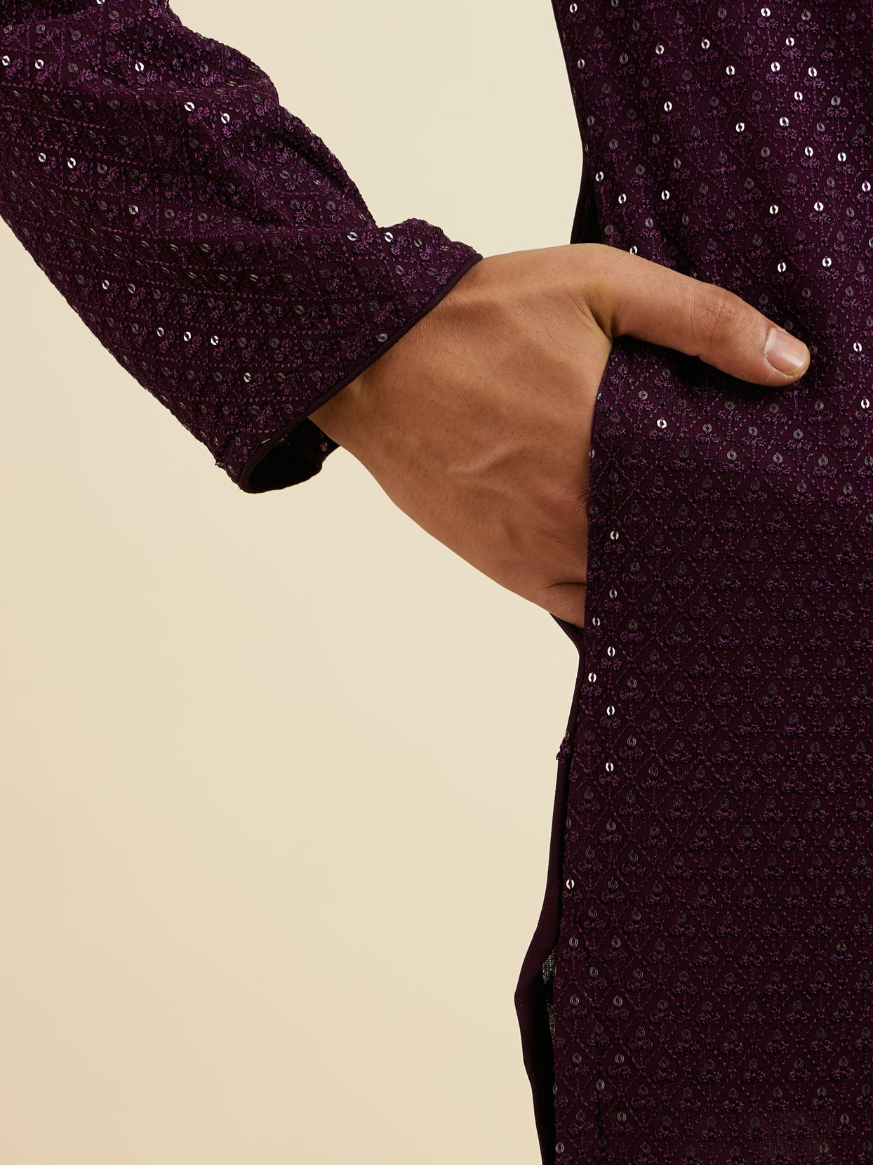 Manyavar Men Purple Self Patterned Mirror Work Kurta Set