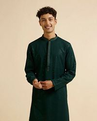 Manyavar Men Dark Green Self Patterned Mirror Work Kurta Set