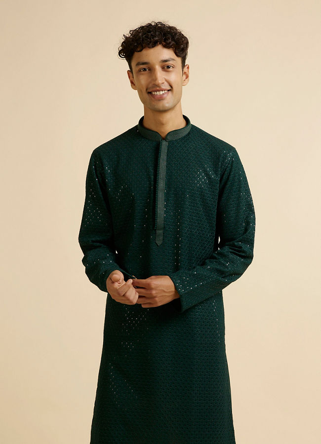 alt message - Manyavar Men Dark Green Self Patterned Mirror Work Kurta Set image number 0