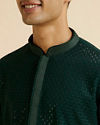 Manyavar Men Dark Green Self Patterned Mirror Work Kurta Set