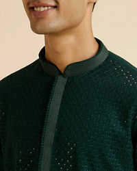 Manyavar Men Dark Green Self Patterned Mirror Work Kurta Set