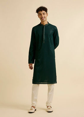 Manyavar Men Dark Green Self Patterned Mirror Work Kurta Set image number 2