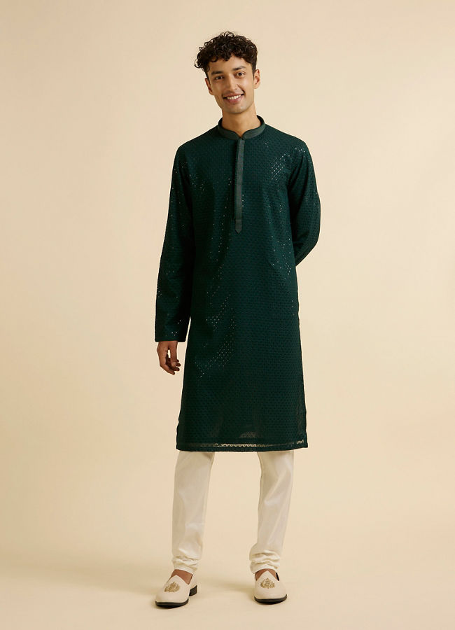 Manyavar Men Dark Green Self Patterned Mirror Work Kurta Set