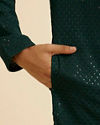 Manyavar Men Dark Green Self Patterned Mirror Work Kurta Set