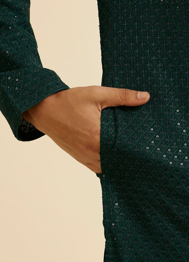 Manyavar Men Dark Green Self Patterned Mirror Work Kurta Set