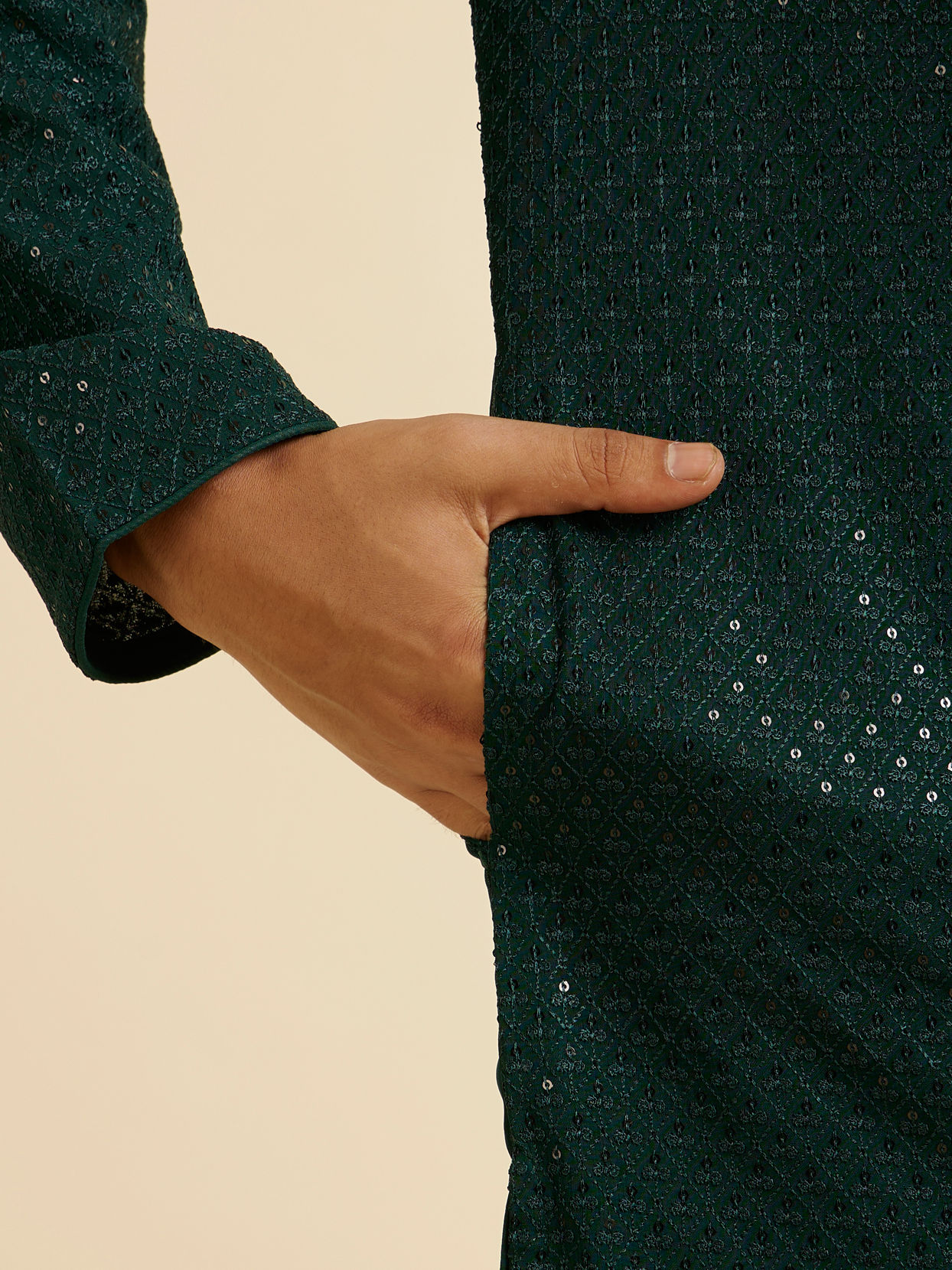Manyavar Men Dark Green Self Patterned Mirror Work Kurta Set