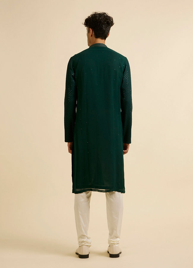 Manyavar Men Dark Green Self Patterned Mirror Work Kurta Set