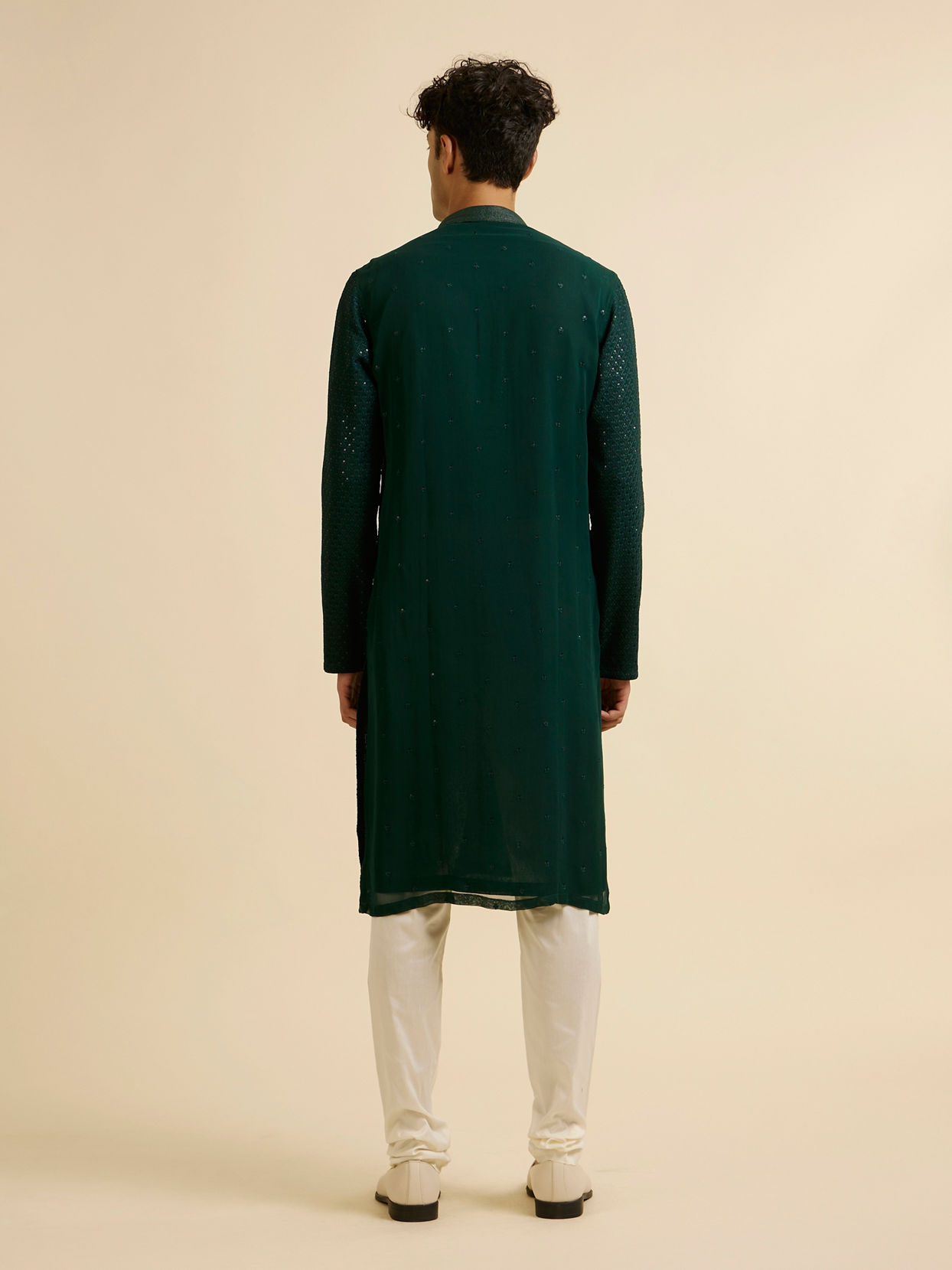 Manyavar Men Dark Green Self Patterned Mirror Work Kurta Set