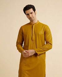 Manyavar Men Mustard Self Patterned Mirror Work Kurta Set