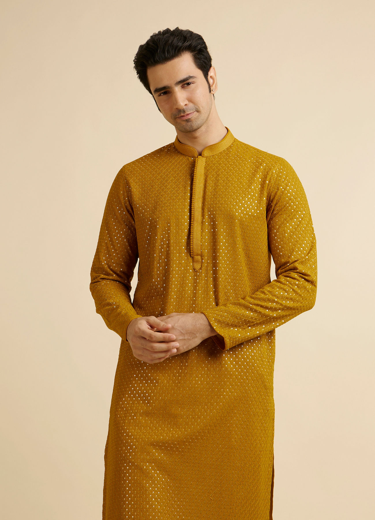 Manyavar Men Mustard Self Patterned Mirror Work Kurta Set