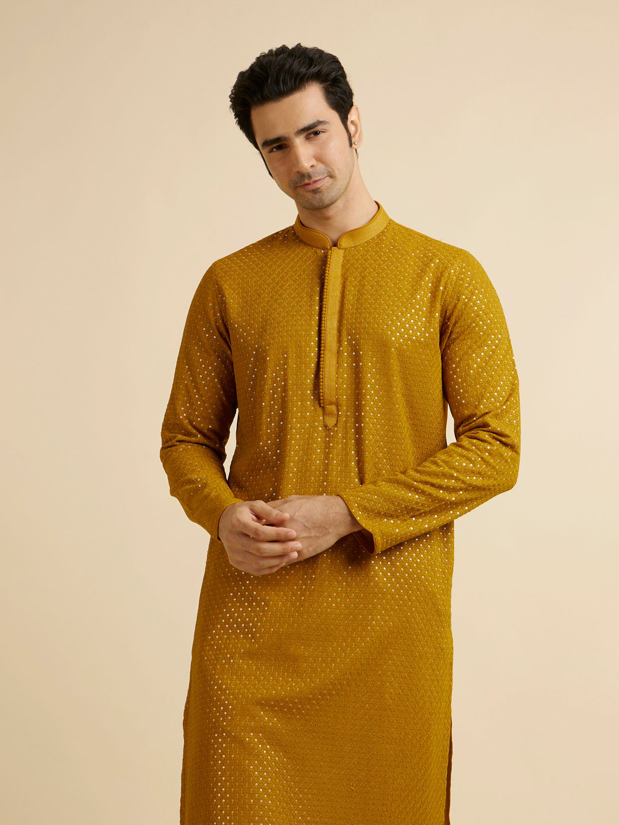 alt message - Manyavar Men Mustard Self Patterned Mirror Work Kurta Set image number 0