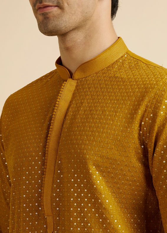 Manyavar Men Mustard Self Patterned Mirror Work Kurta Set