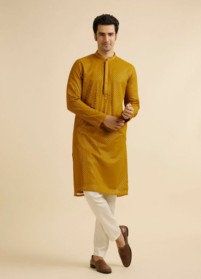 Manyavar Men Mustard Self Patterned Mirror Work Kurta Set