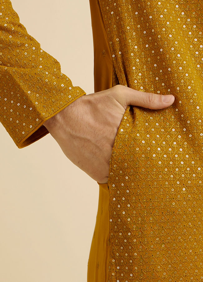 Manyavar Men Mustard Self Patterned Mirror Work Kurta Set