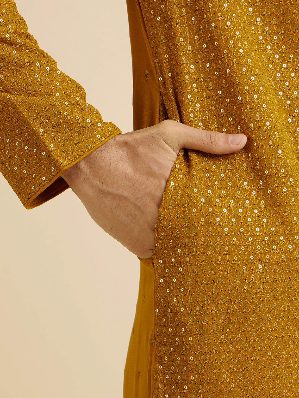 alt message - Manyavar Men Mustard Self Patterned Mirror Work Kurta Set image number 3