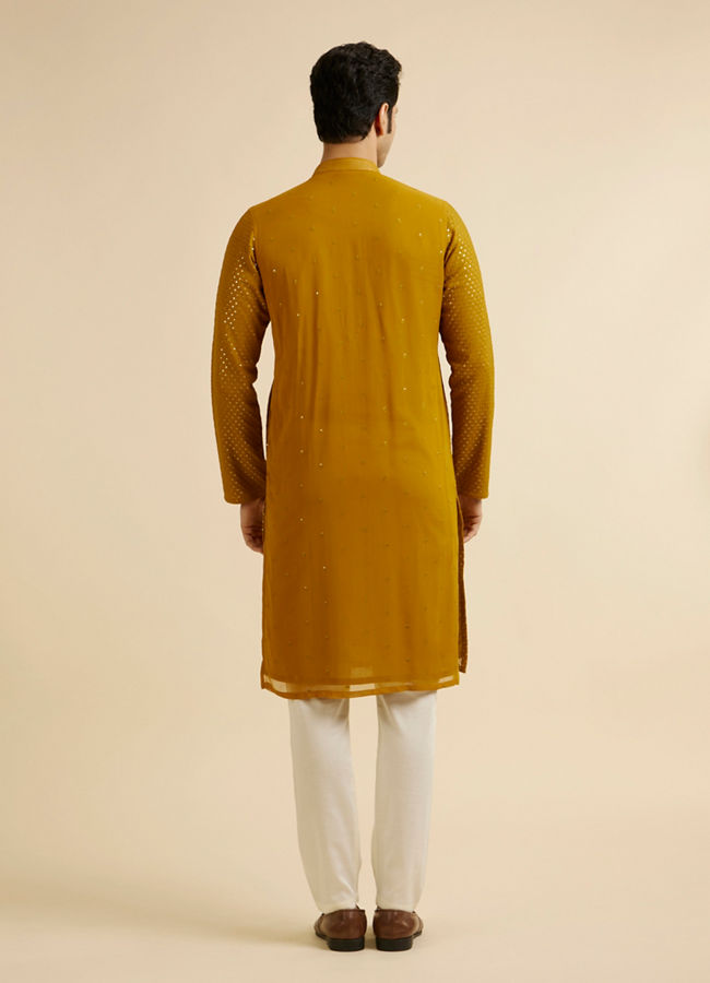 Manyavar Men Mustard Self Patterned Mirror Work Kurta Set