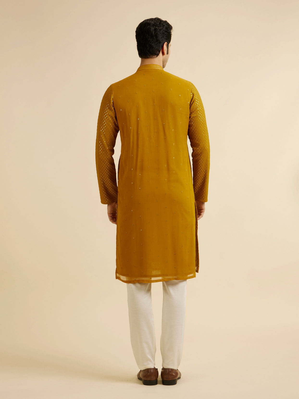 alt message - Manyavar Men Mustard Self Patterned Mirror Work Kurta Set image number 5