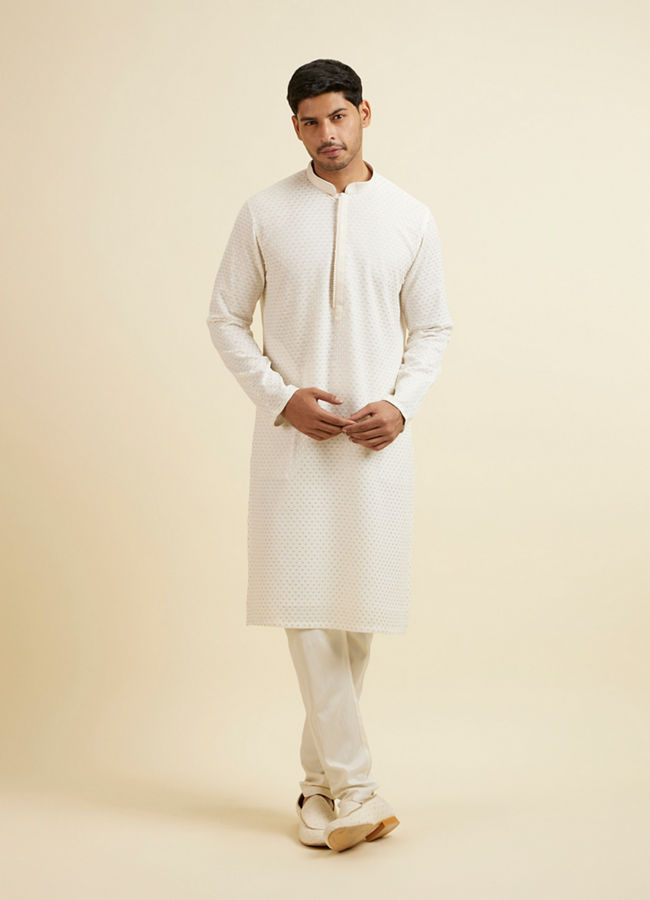Manyavar Men Warm White Self Patterned Mirror Work Kurta Set