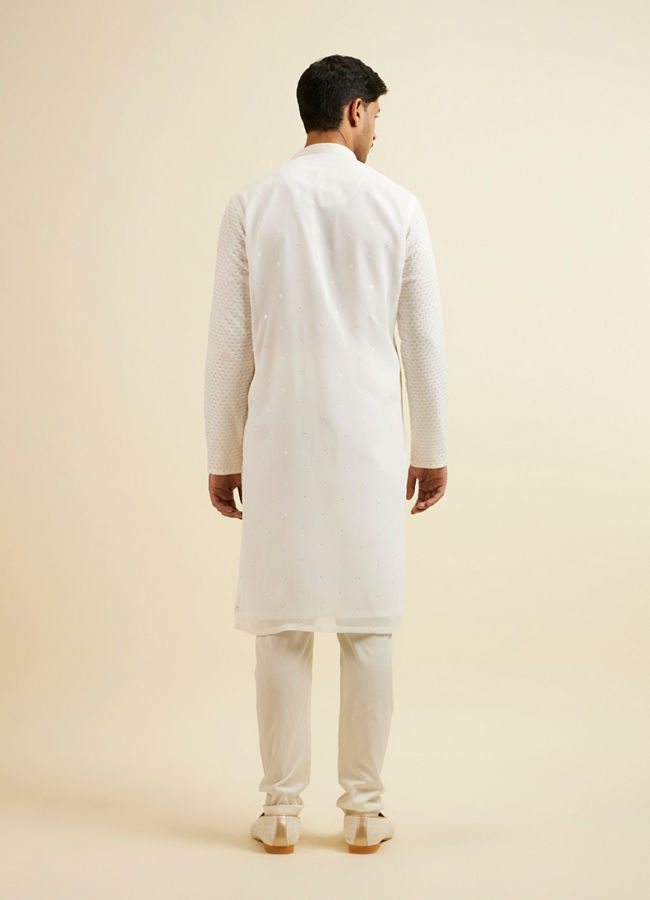 Manyavar Men Warm White Self Patterned Mirror Work Kurta Set