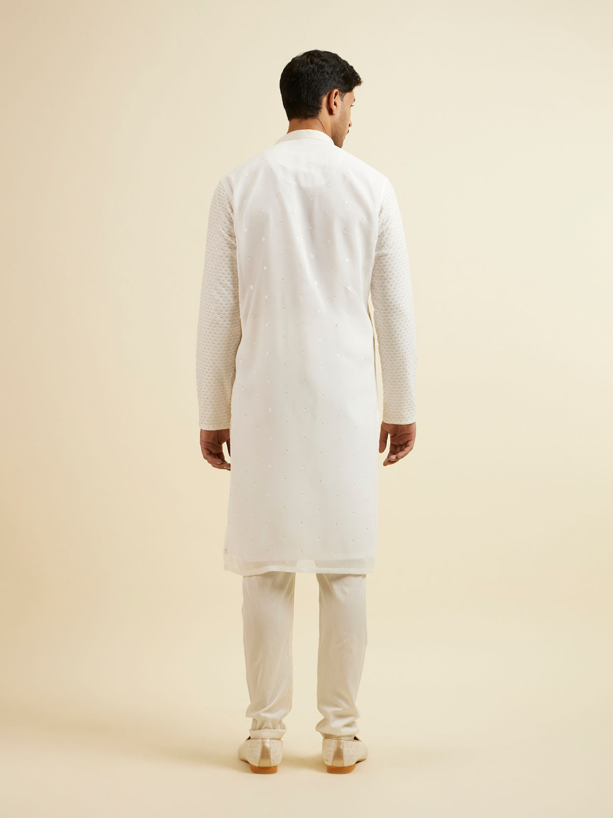 Manyavar Men Warm White Self Patterned Mirror Work Kurta Set