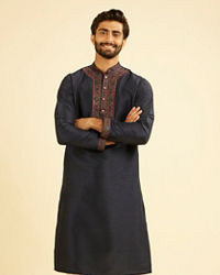 Manyavar Men Midnight Blue Plain Classic Kurta Set with Embroidered Neckline