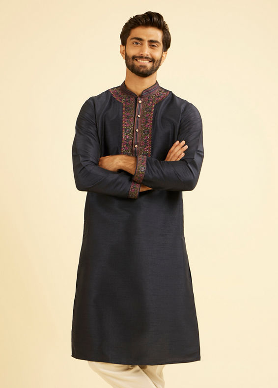 Manyavar Men Midnight Blue Plain Classic Kurta Set with Embroidered Neckline